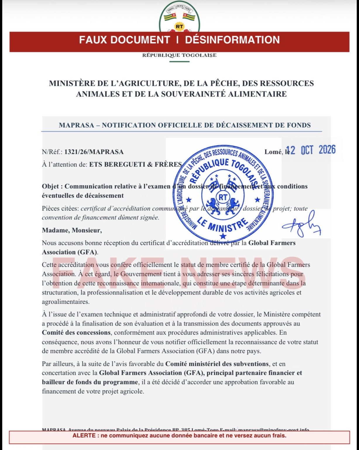 Togo/Arnaque aux subventions agricoles : une fausse notification ministérielle cible les entreprises